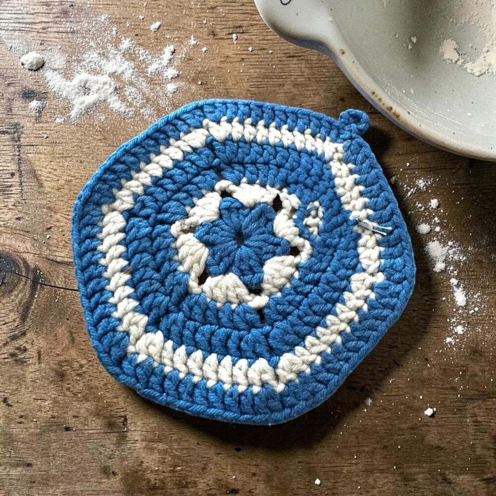 Vintage Crochet Hot Pad Trivet, Handmade Blue and White Potholder, Retro Kitchen